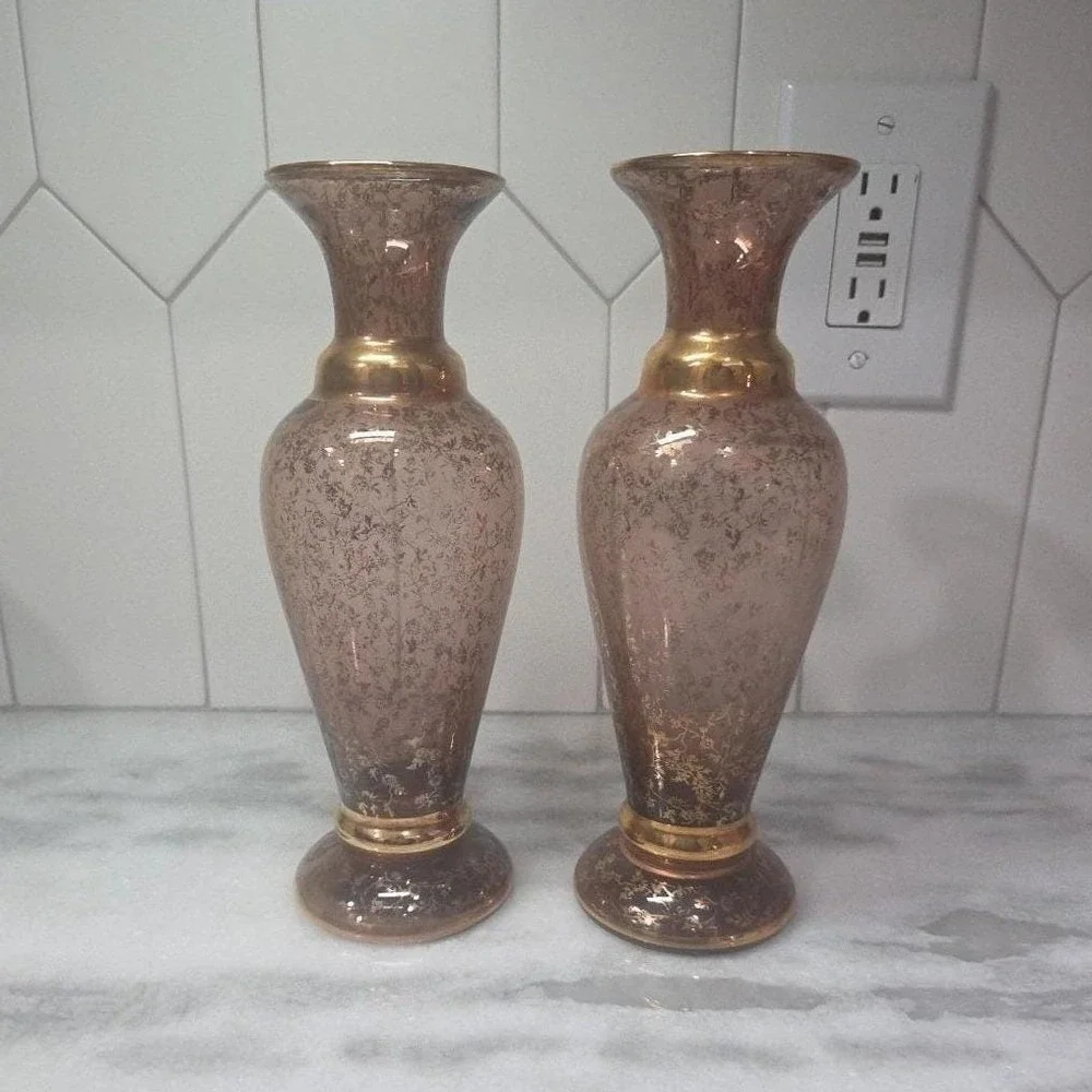 Vecchia Murano Cranberry Gold Vases, Set of 2, Vintage Signed Italian Art Glass‎